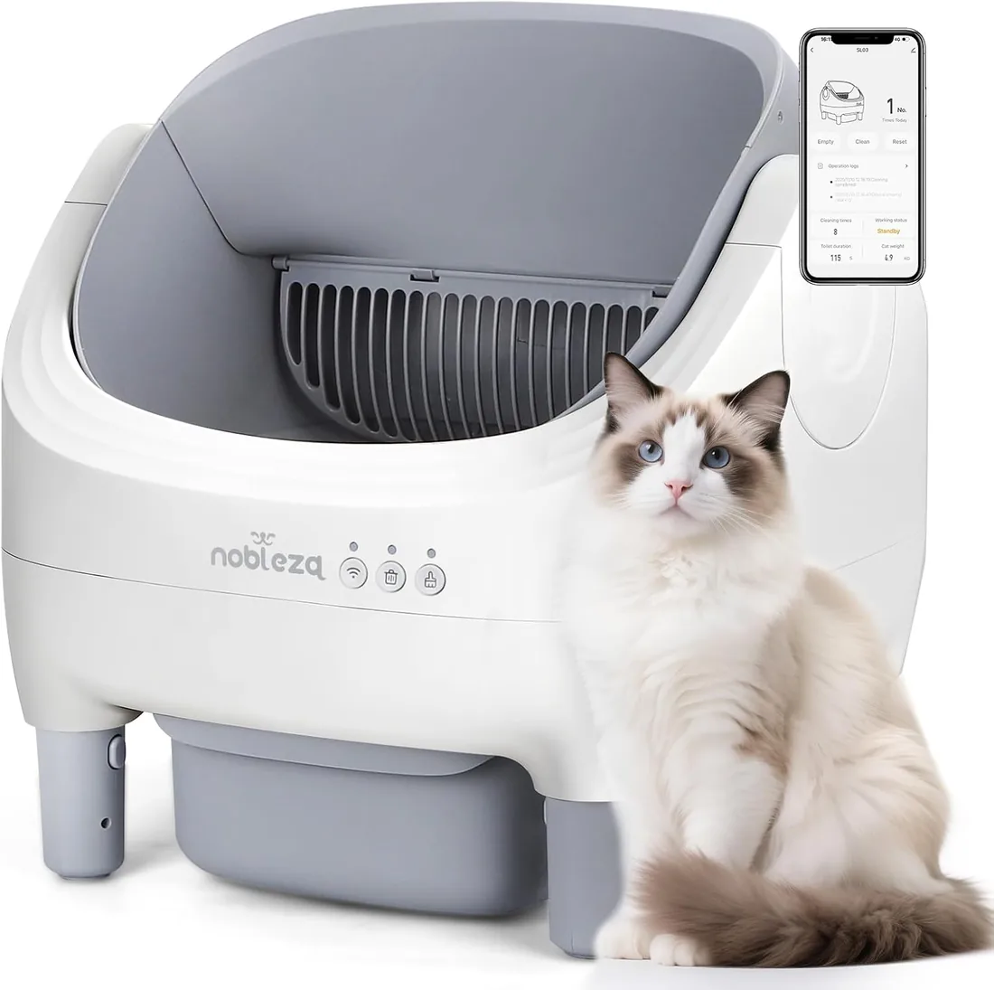 Nobleza Arenero Autolimpiable SL03 para Gatos - Caja de Arena Automática con Control por App, Diseño Abierto, Gran Capacidad, Incluye 2 Rollos de Bolsas y 1 Ambientador, Color Blanco foto 2