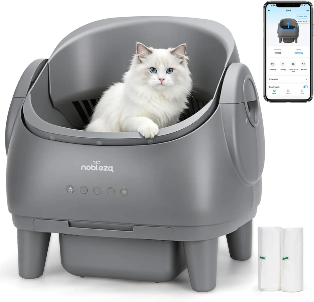 Nobleza Arenero Gatos Autolimpiable Abierto - Arenero Automático Inteligente con Control por App, Multi-Sensores de Seguridad, para Gatos 1-15kg, Incluye Bolsas y Desodorantes, Gris