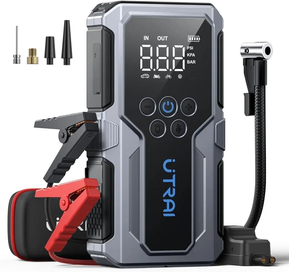 6000A Arrancador de Baterías de Coche con Compresor de Aire,UTRAI 12V Arrancador de Coches(para 9L Gasolina o 7.5L Diesel) Portatil con 18W Carga Rápida,Jump Starter,Linterna LED Salida