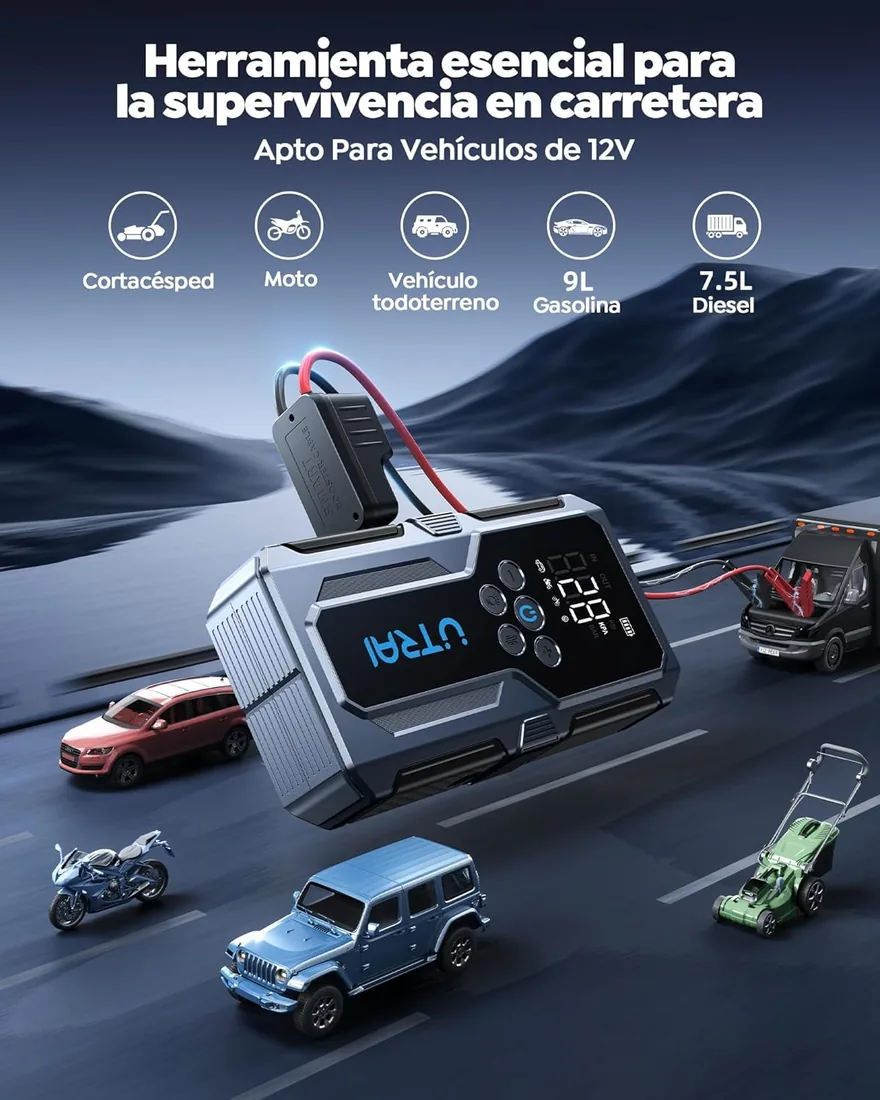 6000A Arrancador de Baterías de Coche con Compresor de Aire,UTRAI 12V Arrancador de Coches(para 9L Gasolina o 7.5L Diesel) Portatil con 18W Carga Rápida,Jump Starter,Linterna LED Salida foto 2