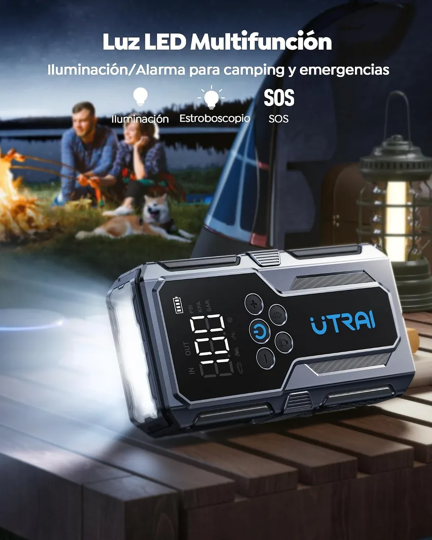 6000A Arrancador de Baterías de Coche con Compresor de Aire,UTRAI 12V Arrancador de Coches(para 9L Gasolina o 7.5L Diesel) Portatil con 18W Carga Rápida,Jump Starter,Linterna LED Salida foto 3