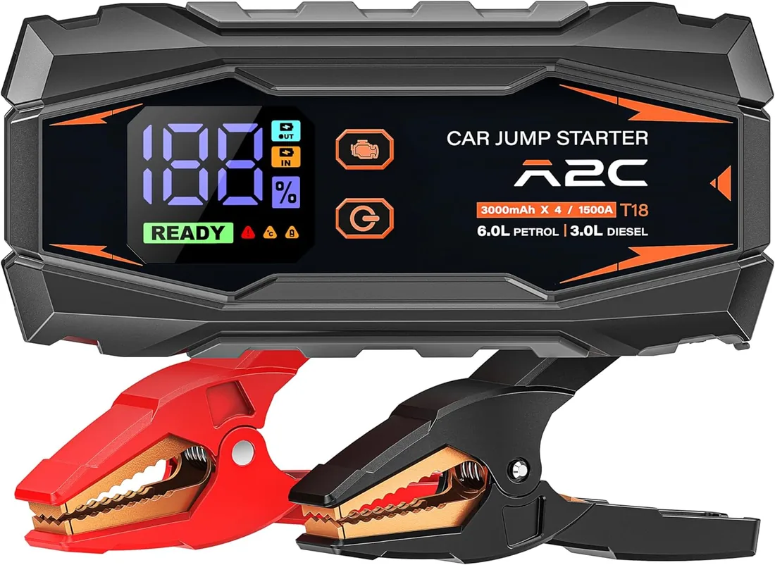 A2C Arrancador Coche 1500A, Power Bank 16800mAh para Gasolina 6L/Diésel 3L