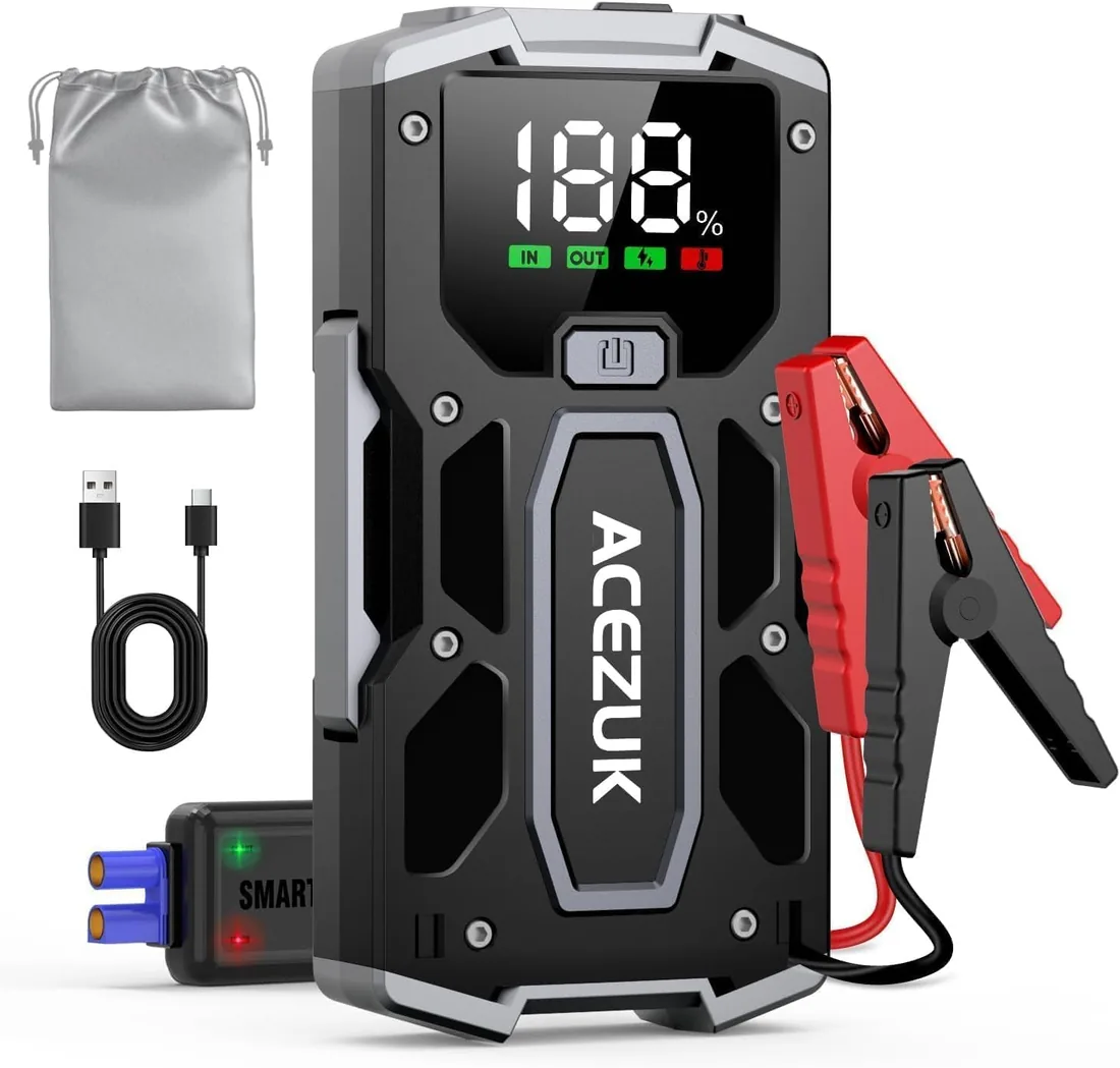 ACEZUK Arrancador de Coches 8000A, 12V Arrancador de Baterias de Coches (para 5.5L Disésel o 7.0L Gas), Jump Starter con 2.5 Inch Pantalla LCD, Clips de Seguridad Inteligentes, Luz LED