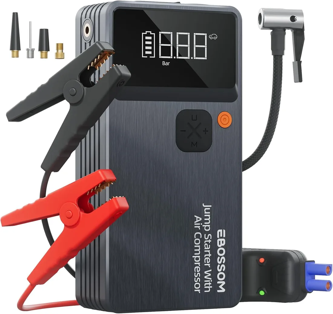 Arrancador de Baterías de Coche,Booster para Coche con Compresor de Aire Portátil 7en1,Arranque de Batería con Inflador para vehículo de 12000 mAh,Kit de Emergencia del Conductor con Linterna LED