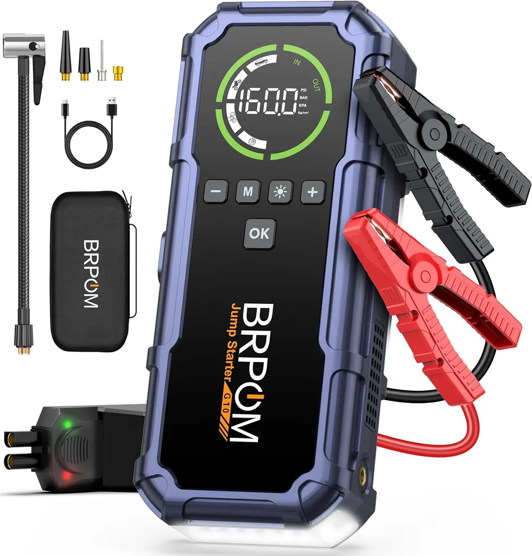 BRPOM Arrancador de Batería Coche 9000A 12V con Compresor 160PSI, Booster Batería Portátil con Inflador Neumáticos, Pantalla LED, Luz 600LM, Pinzas Inteligentes, para Coches y Motos foto 3