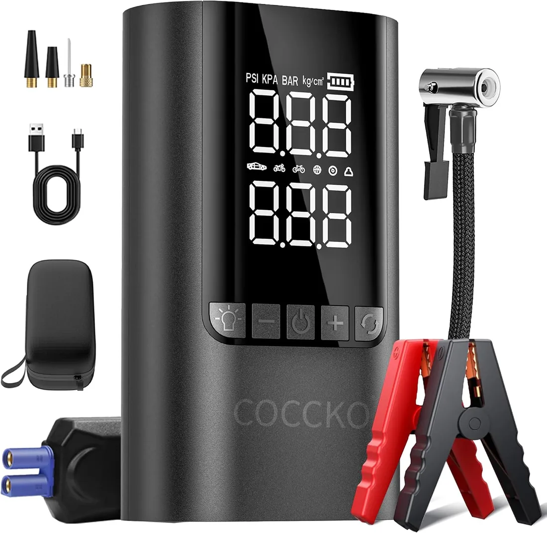 COCCKO Arrancador de Batería de Coche 6000A,con 150PSI Compresor de Aire,10000mAh Arrancador Coche Portatil con Inflador(Toda Gasolina o 8L Diésel),12V Jump Starter,con Linterna LED y SOS