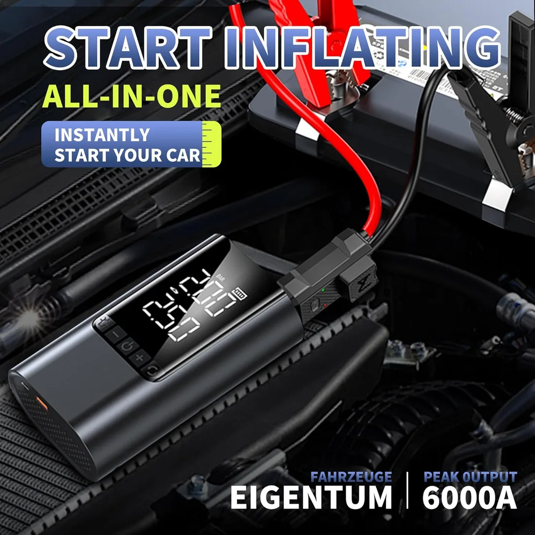 COCCKO Arrancador de Batería de Coche 6000A,con 150PSI Compresor de Aire,10000mAh Arrancador Coche Portatil con Inflador(Toda Gasolina o 8L Diésel),12V Jump Starter,con Linterna LED y SOS foto 2