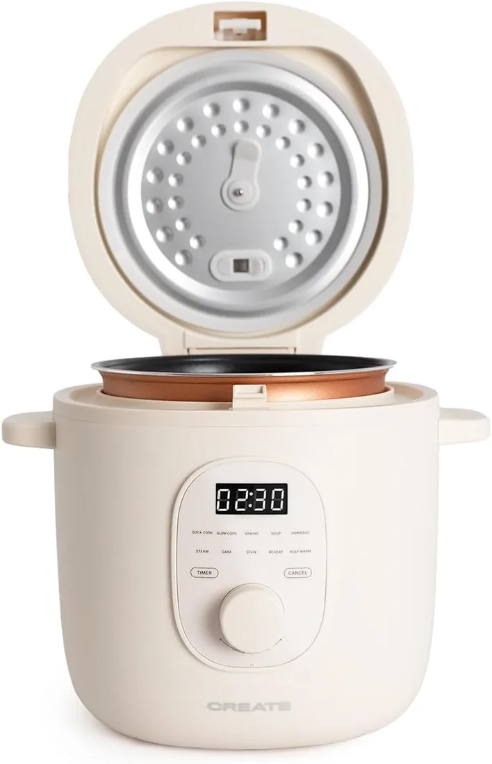 CREATE/RICE COOKER STUDIO/Arrocera eléctrica multifunción 1,2L blanco roto/Programable hasta 24h, con cesta vaporera, prepara tartas, guisos o sopas, función de mantener el calor, 300W foto 2