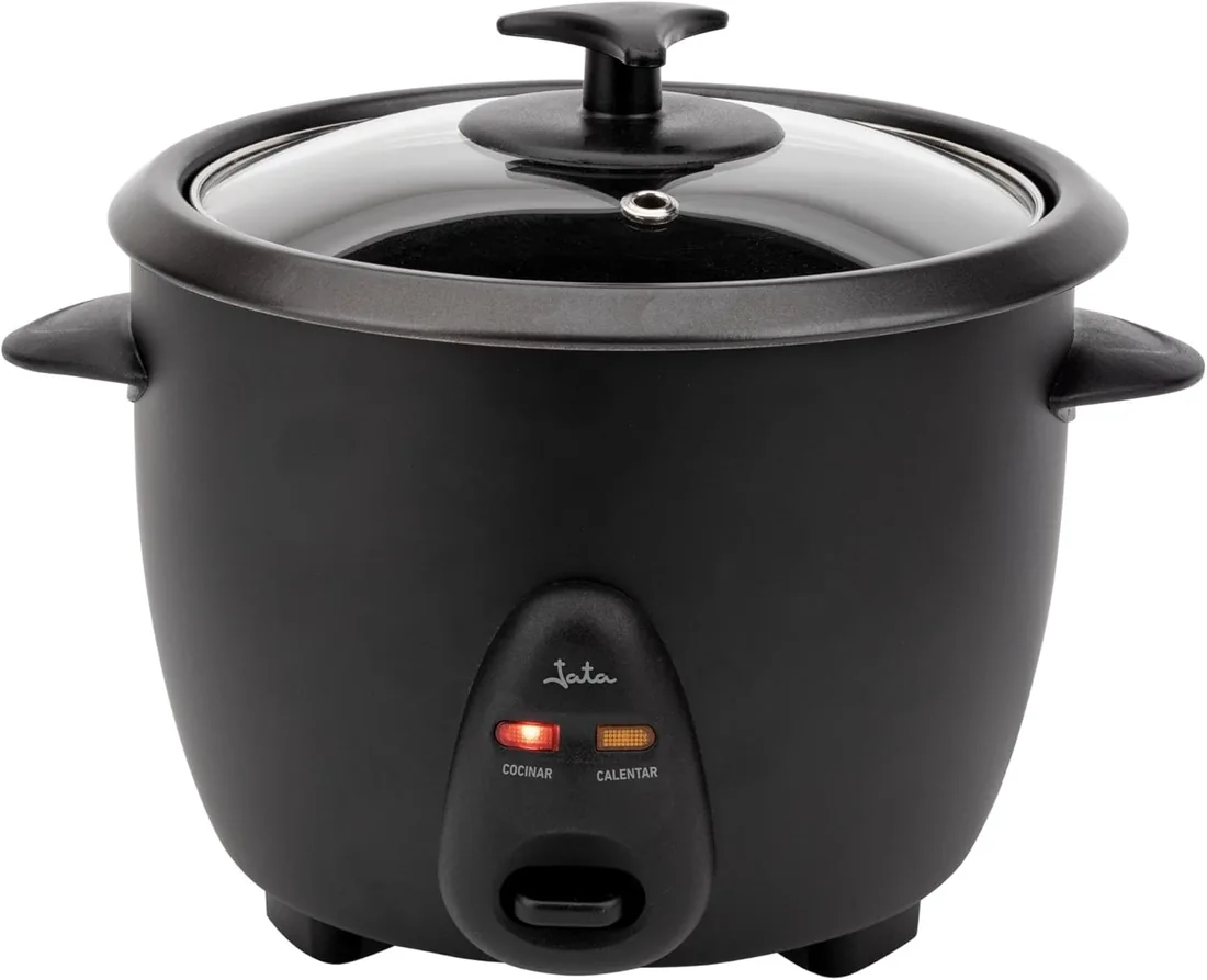 JATA JEAR2510 - Arrocera Eléctrica 1 Litro, 400 W, Cocina Arroz Automática con Función Mantener Caliente, Cubeta Antiadherente Extraíble, Tapa de Cristal, Incluye Espátula y Vaso Medidor