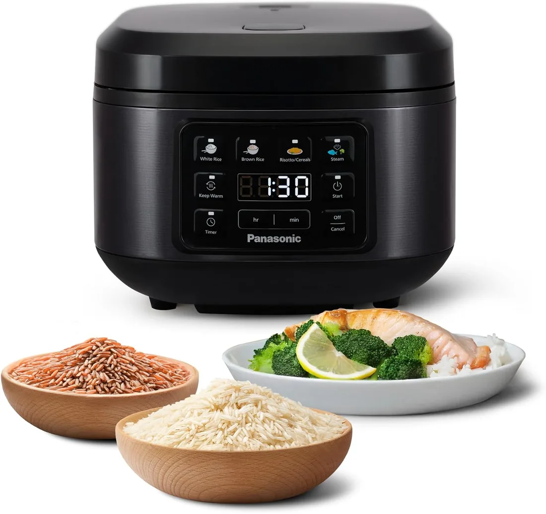 Panasonic SR-DA152KXE Olla Arrocera Automática con Vaporera, 1,5 litros, 8 tazas, Fuzzy Logic, Indicador De Cantidad De Agua, Sin BPA, Mantiene Caliente, Inicio Diferido, Color Negro