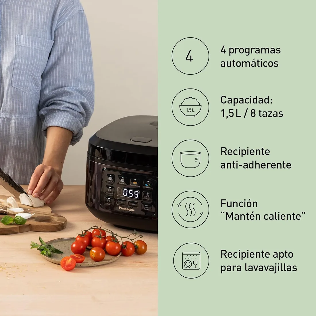 Panasonic SR-DA152KXE Olla Arrocera Automática con Vaporera, 1,5 litros, 8 tazas, Fuzzy Logic, Indicador De Cantidad De Agua, Sin BPA, Mantiene Caliente, Inicio Diferido, Color Negro foto 2
