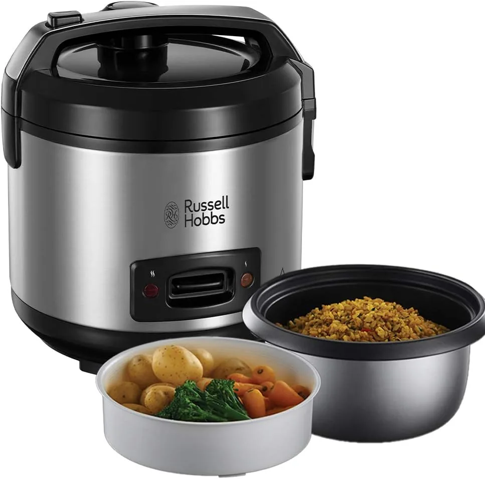 Russell Hobbs- Vaporera y arrocera grande (antiadherente, tapa de cristal, 500 W, 14 raciones, Gris), 27080-56