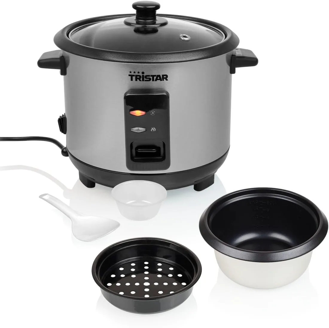 Tristar Olla Arrocera 1 L, Hasta 5 Raciones, Carcasa de Acero Inoxidable, Recipiente Antiadherente, Bandeja de Vapor, Función Mantener Caliente, 400 W, RK-6144