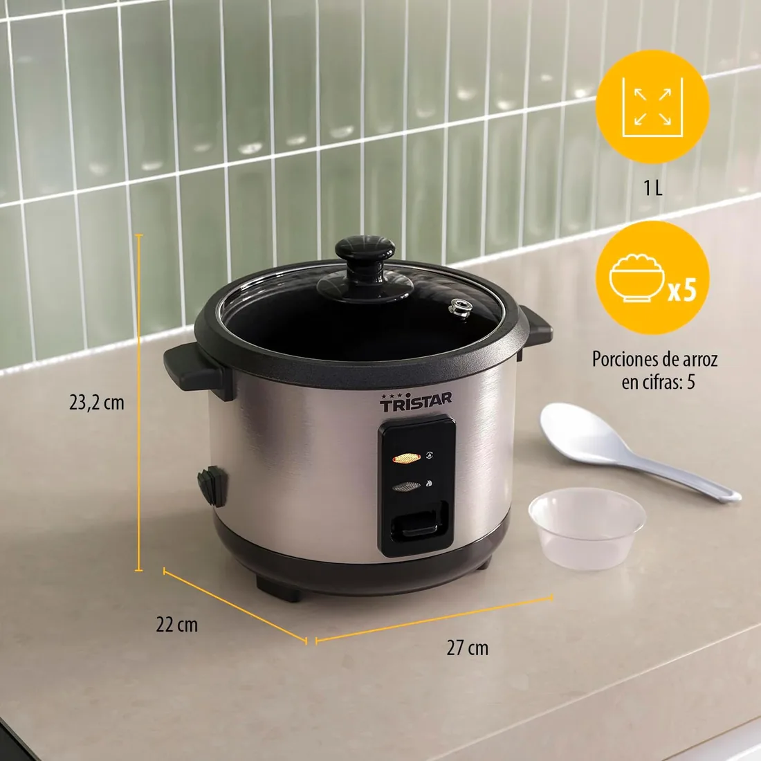 Tristar Olla Arrocera 1 L, Hasta 5 Raciones, Carcasa de Acero Inoxidable, Recipiente Antiadherente, Bandeja de Vapor, Función Mantener Caliente, 400 W, RK-6144 foto 2