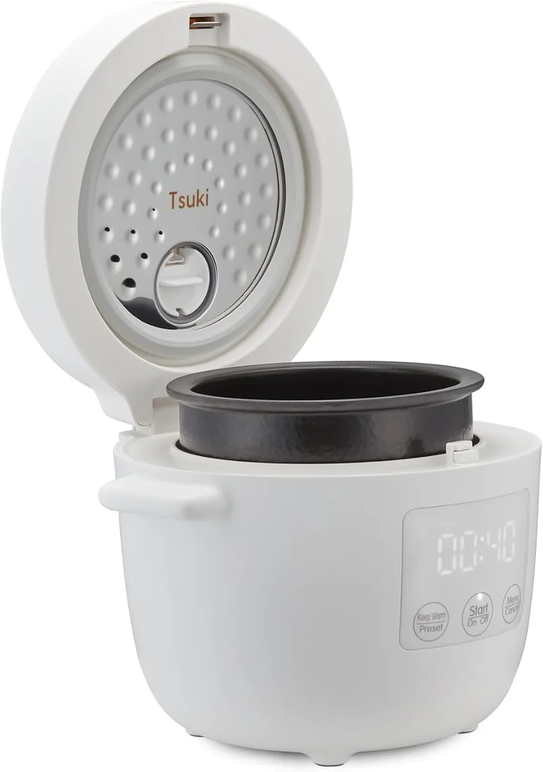 Yum Asia Tsuki Mini arrocera con cuenco de cerámica Shinsei (2,5 tazas, 0,45 litros) 5 funciones de cocción de arroz, 2 funciones de multicocina, pantalla LED oculta, 220-240V (Pebble White) foto 2