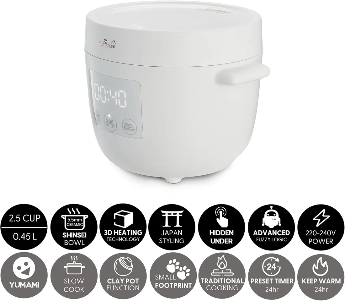 Yum Asia Tsuki Mini arrocera con cuenco de cerámica Shinsei (2,5 tazas, 0,45 litros) 5 funciones de cocción de arroz, 2 funciones de multicocina, pantalla LED oculta, 220-240V (Pebble White) foto 3