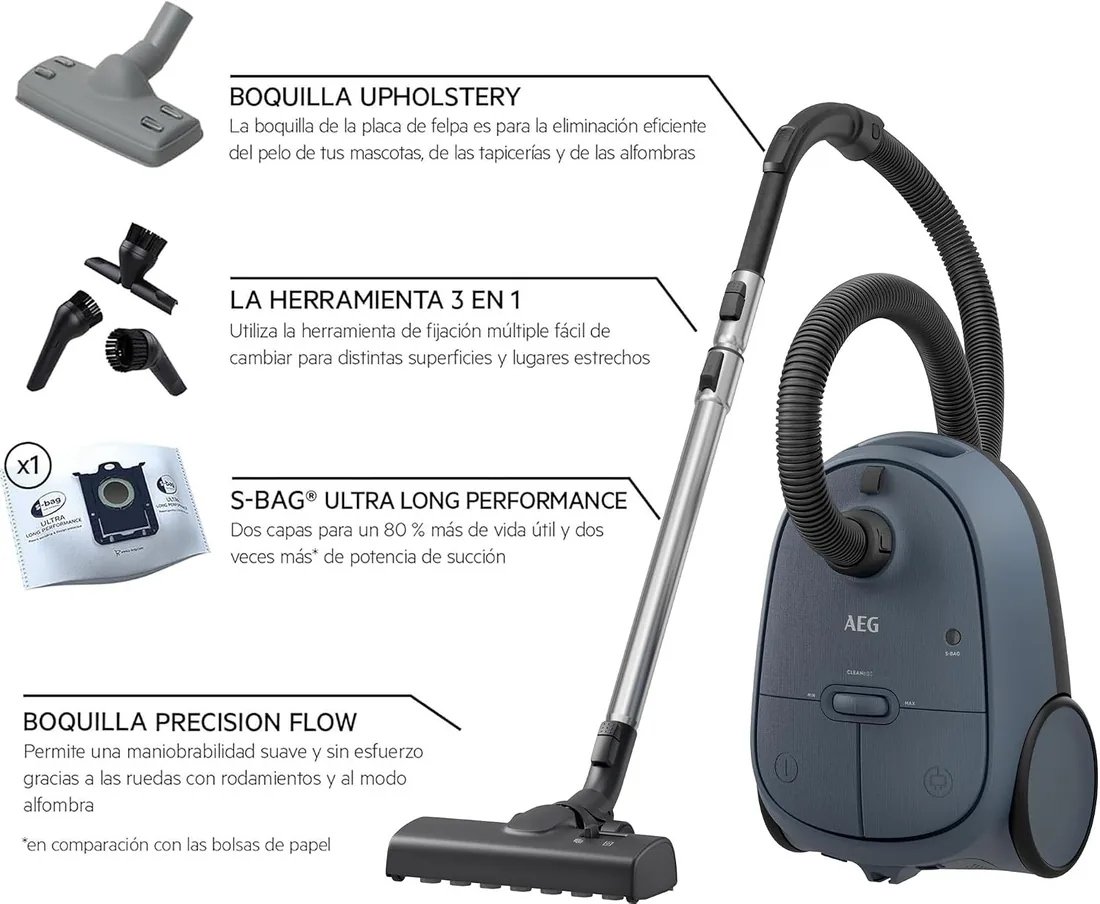 AEG Aspiradora de Trineo 850W 3,5 L AB61C2DBS Azul | 850 w, 3,5 l, aspirador con bolsa, color azul foto 2