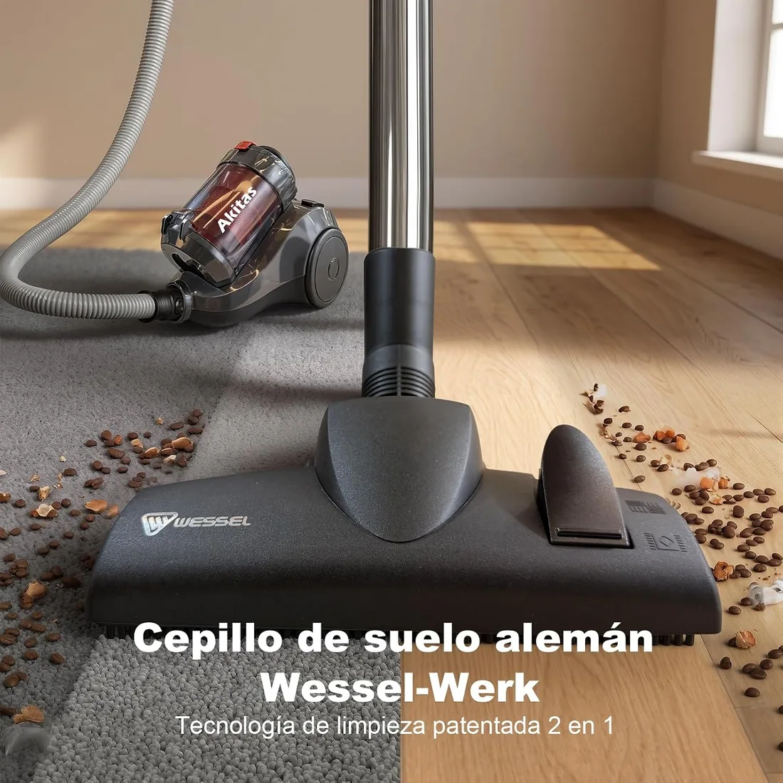 Akitas C6 Aspiradora Sin Bolsa 2.5L con Cabezal Alemán Wessel-Werk, 850W Potente Aspirador Trineo para Suelos Duros y Alfombras foto 3