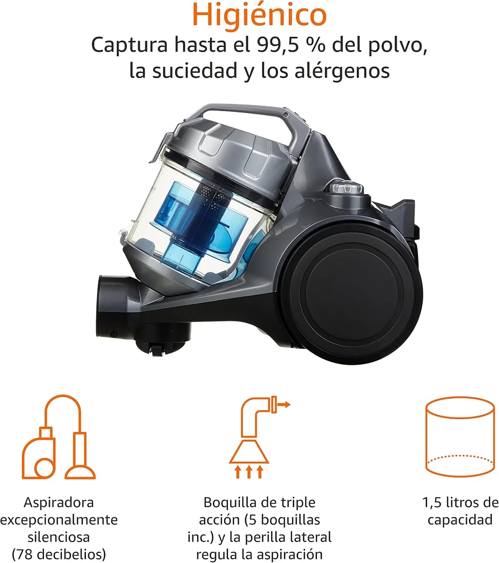 Amazon Basics Potente aspirador de cilindro sin bolsa, para suelos duros y alfombras, filtro HEPA, compacto y ligero, 700 W, 1,5 l (UE), Negro foto 3