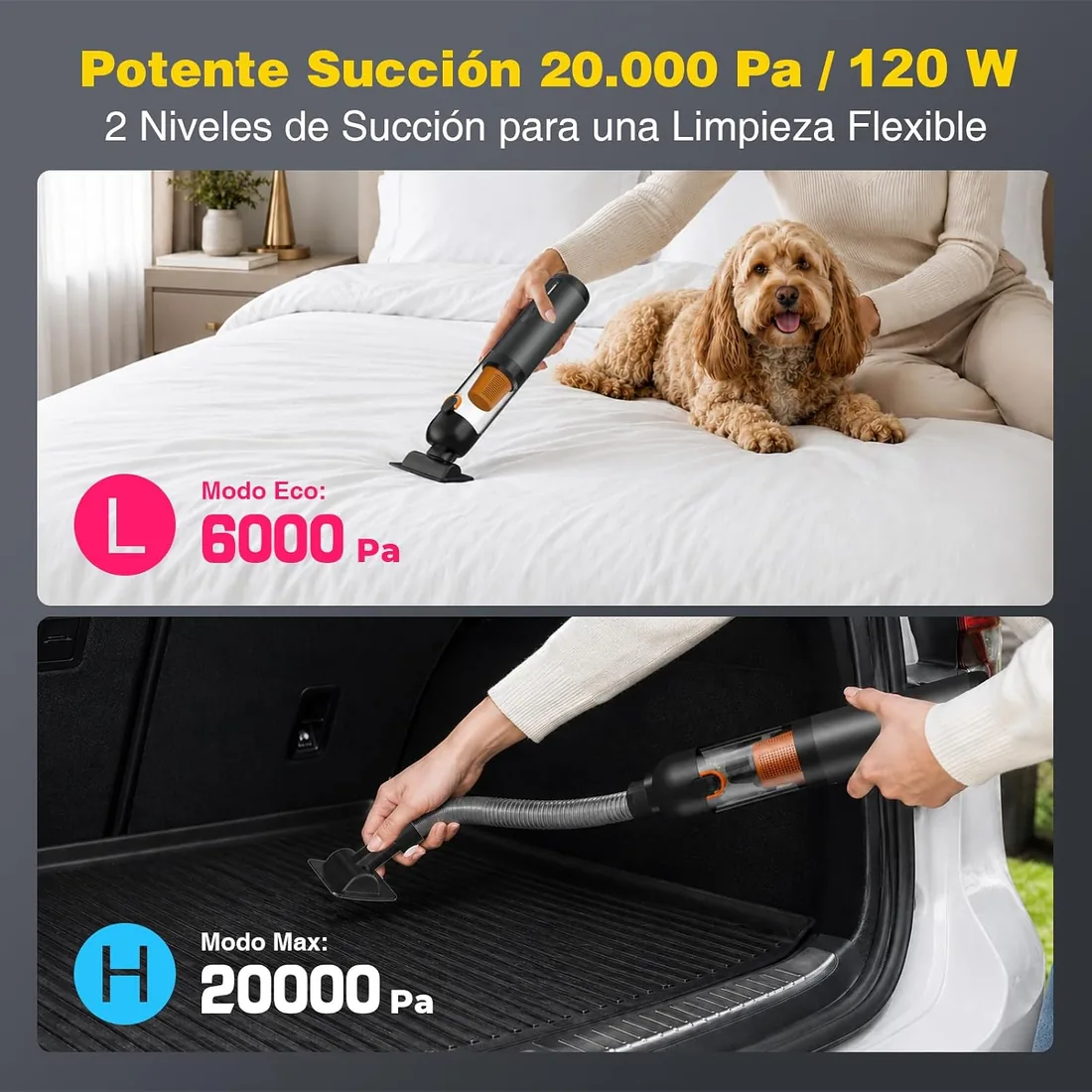 AIMAX Aspirador inalámbrico portátil 4 en 1 con batería de 20000 Pa/120 W/40 min, batería de 7800 mAh, 2 Modos de succión y soplado, Carga rápida USB-C en 2,5 h para Coche, mesas de Oficina foto 2