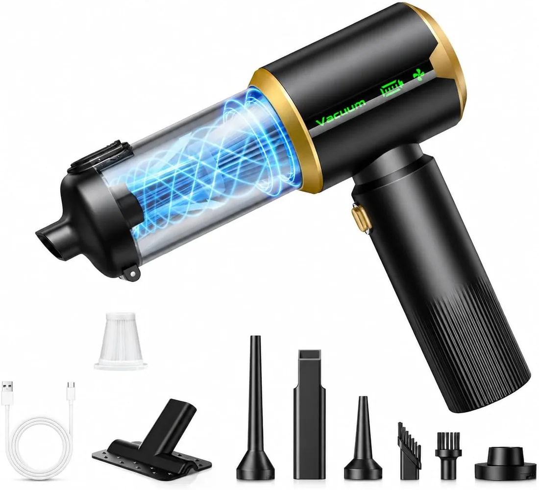Famgoods Aspiradora de Mano 25000 Pa, Aspiradora Coche Inalámbrica 4 en 1, 3 Niveles y Pantalla LED, Batería 6000mAh Aspiradora Coche Potente, Mini Aspiradora Portátil para Hogar, Coche, Oficina