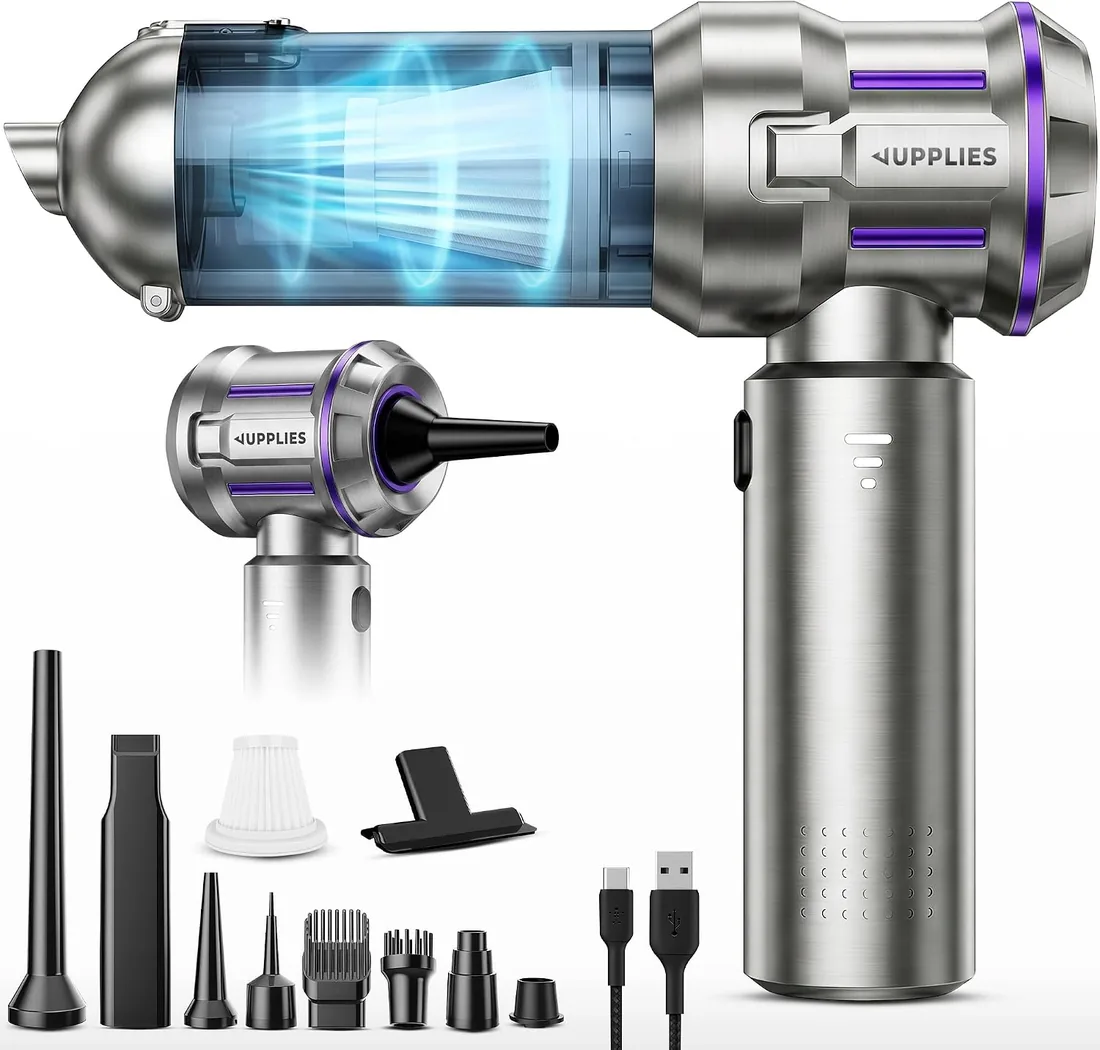 JUPPLIES Aspirador de Mano Inalámbrico Potente, 25000 PA, 3 Intensidades | 4 en 1: Succión, Soplado, Inflado, Vacío | 9 Accesorios, Motor Sin Escobillas | Mini Aspiradora Hogar Coche (Gris) foto 2