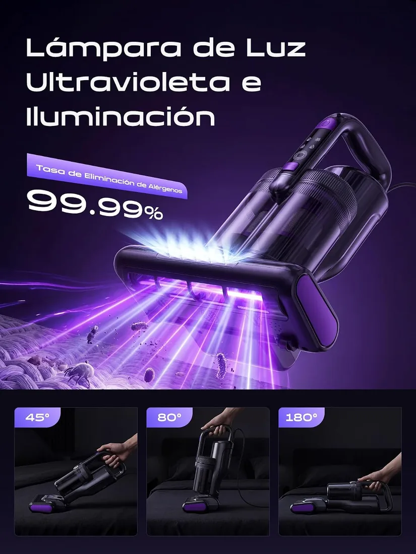 Aspiradora Antiacaros,16000PA Aspiradora de Mano con Luz UV-C,Aire Caliente,Ultrasonidos y Filtro HEPA, Aspirador para Colchón, Sofá, Tapicería y Alfombras, Alérgicos, Mascotas y Bebés–Cable 4 Metros foto 2