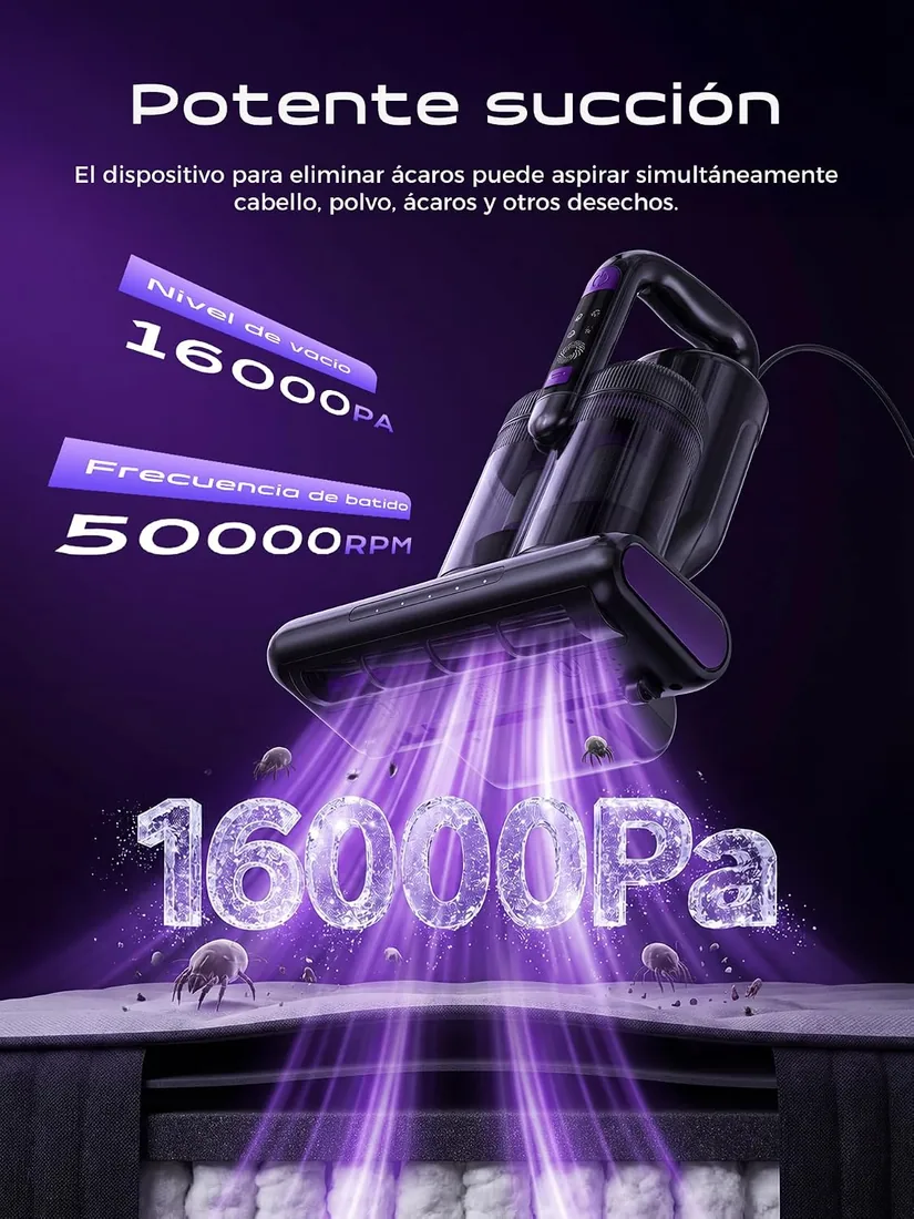 Aspiradora Antiacaros,16000PA Aspiradora de Mano con Luz UV-C,Aire Caliente,Ultrasonidos y Filtro HEPA, Aspirador para Colchón, Sofá, Tapicería y Alfombras, Alérgicos, Mascotas y Bebés–Cable 4 Metros foto 3