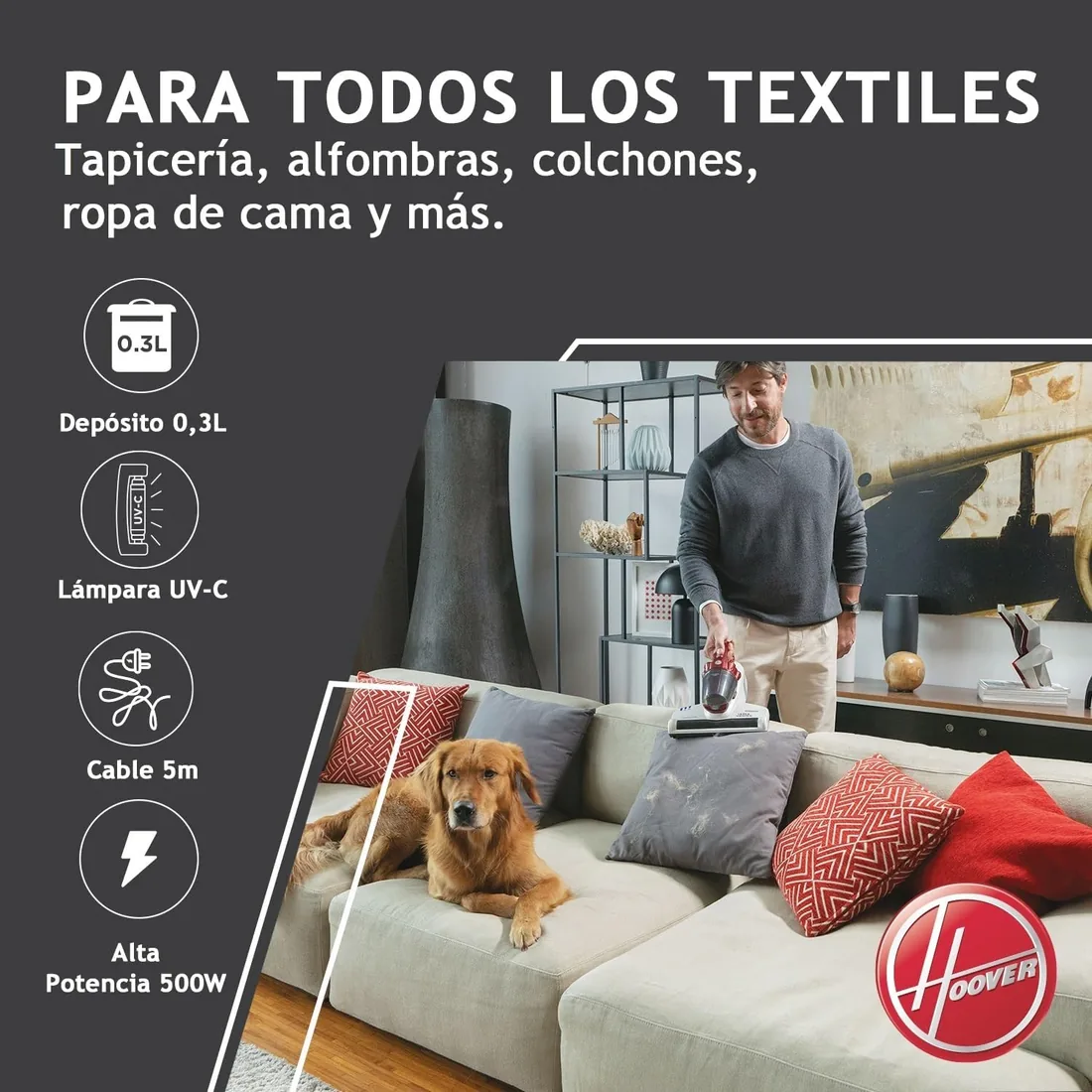 Hoover Ultravortex Aspirador de Mano Especial Colchones, 3en 1, Antiácaros y Antibacterias, Luz Ultravioleta UV-C, Especial Alergias, Depósito 0,3L, Cable 5m [MBC500UV] foto 3