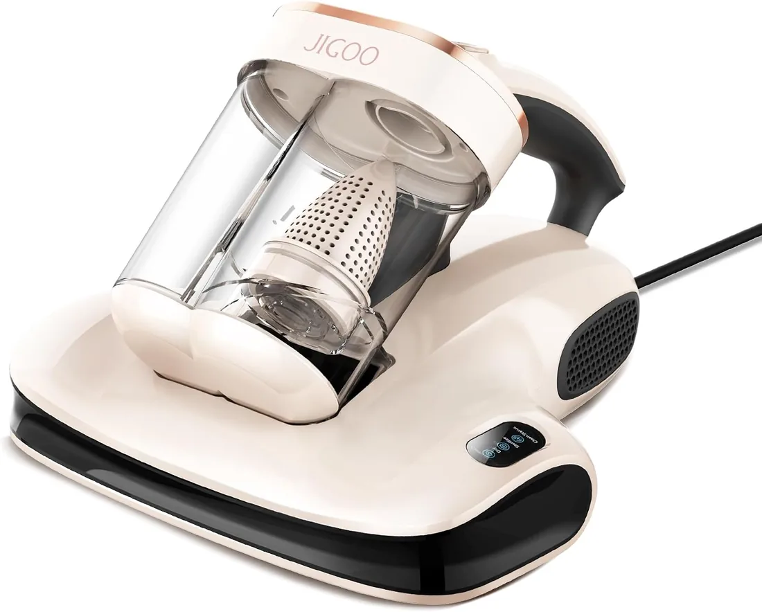 JIGOO S100 Aspirador de ácaros, Aspiradora Antiacaros para colchones con Sensor de ácaros, Pantalla LED, vibración, luz UV, ultrasonido, Elimina 99.9%, Especial Alergias, para Colchones y Sofás foto 3