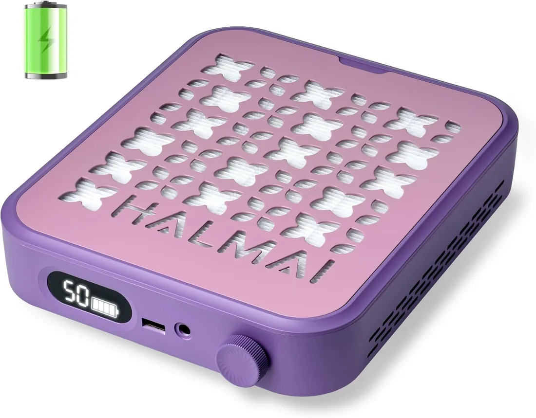 HALMAI Aspirador de polvo de uñas recargable inalámbrico - Succión 800Pa, motor sin escobillas 5000 RPM, portátil para uñas acrílicas/de gel, filtro HEPA , varios colores, salón (Púrpura crepuscular)