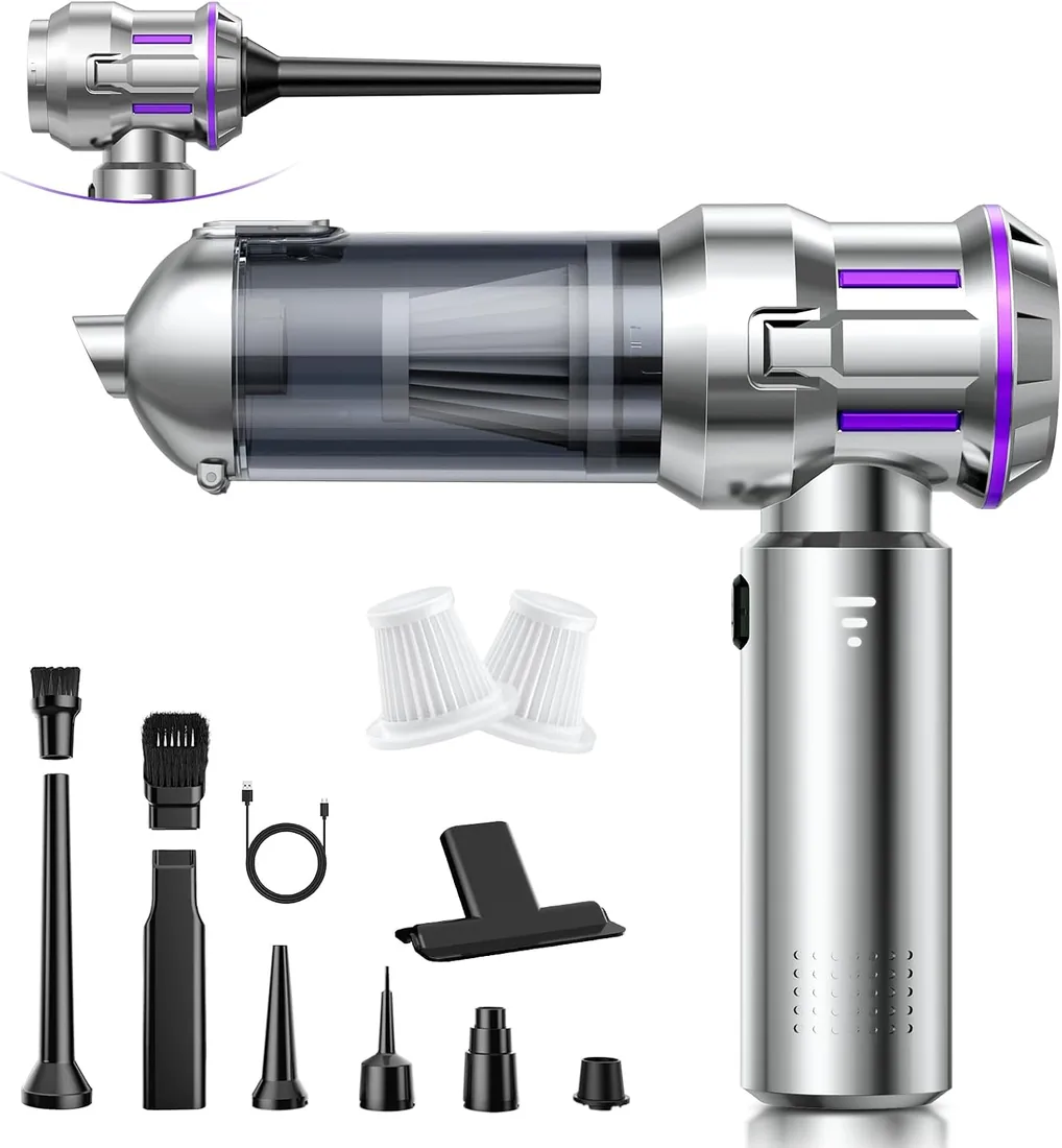 Aspirador de Mano, 25000Pa Aspiradora sin Cable Coche con Descarga de Polvo Automática con un Toque, 4 en 1 Aspirador Coche, Motor sin Escobillas, 3 Niveles, Ideal para Pelo de Mascotas, Coche, Hogar