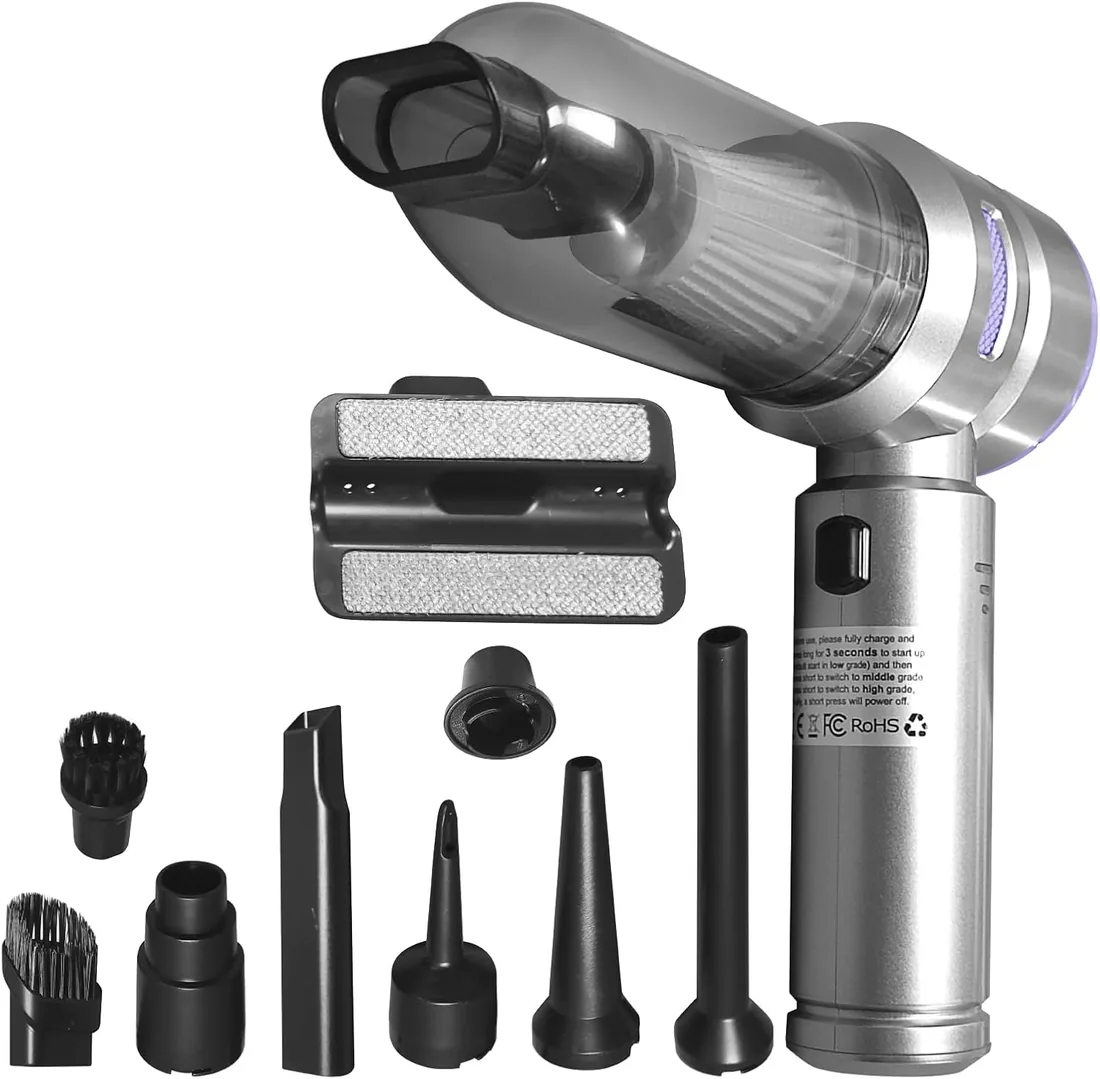LED ATOMANT Aspirador de Mano 16000PA 2en1 Aspira y Sopla, 3 Niveles | Inalámbrico, Infla y desinfla, 9 cabezales, Cable USB-C incluido, Filtro HEPA Lavable, Ideal para Coche, Hogar foto 2
