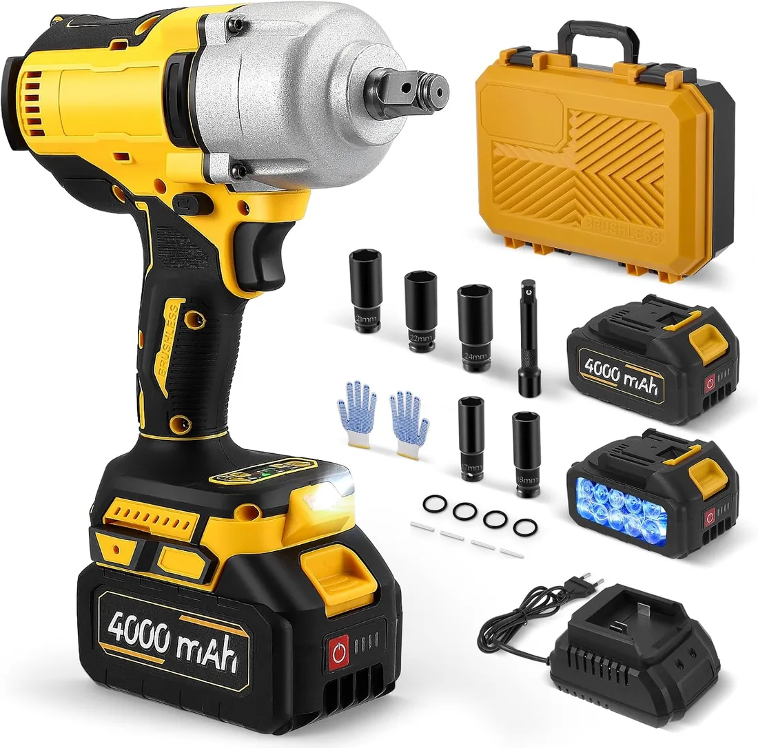 Atornillador de impacto inalámbrico 800 Nm – 21 V sin escobillas atornillador de impacto con 3 velocidades, 2 baterías de 4,0 Ah y cargador rápido, luz LED, 5 llaves de vaso y accesorios foto 2