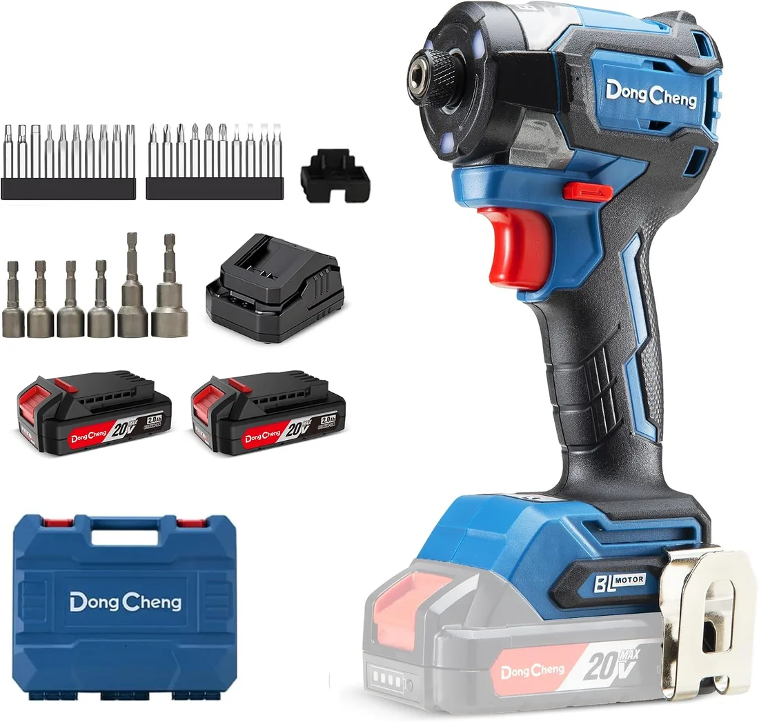 Dong Cheng Atornillador de impacto 20V, 208 Nm (2 baterías) | Cuerpo ultracorto de 107 mm, Hex 6.35mm, para trabajos de atornillado pesados, 3+1 velocidades, DCPL208