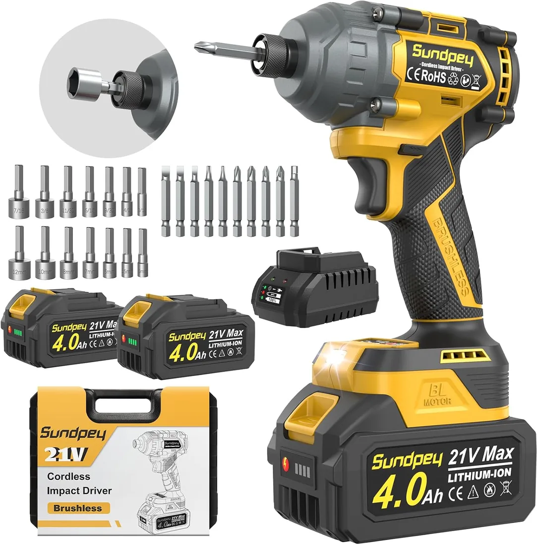 Sundpey Atornillador de Impacto 1/4" 280Nm Amarillo | 21V Destornillador de Impacto con Motor sin Escobilla & 14 Enchufes & 10 Puntas, Apriete y Retire Rápidamente los Tornillos foto 2