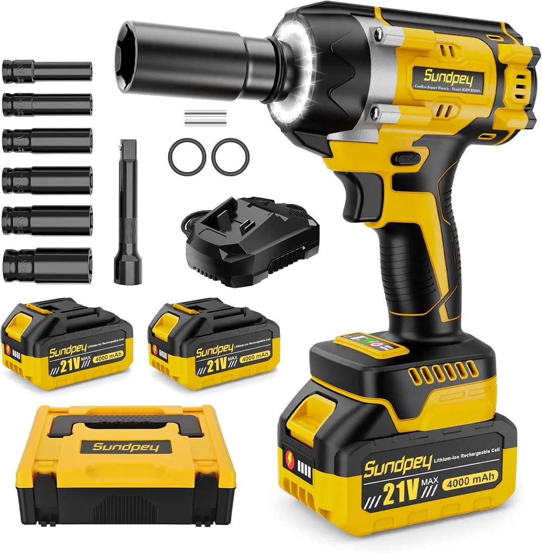 Sundpey Pistola de Impacto Bateria 700Nm, 1/2" Brushless Atornillador de Impacto con 2 Baterías de 4,0 Ah, 6 Enchufes, Anillo LED Rápido, 21V Llave de Impacto Para Cambio de Neumáticos y Bricolaje