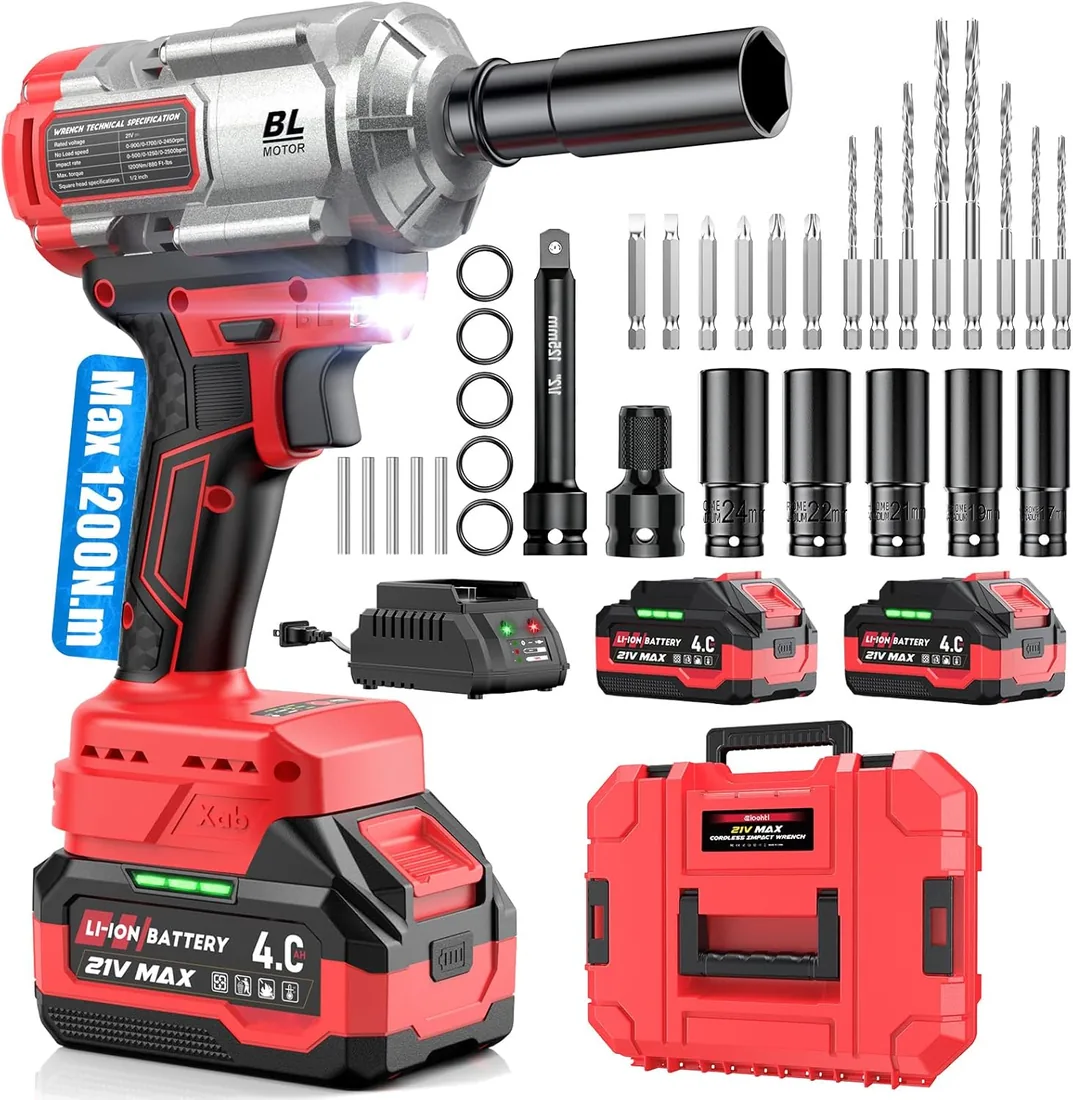 XIAZIR Llave de impacto a bateria 1200 N·m 3-en-1 / Atornillador de Impacto/Taladro de Impacto – Alto Par 1/2" con Motor Brushless, 2× Baterías 4.0Ah, Vasos, Brocas y Puntas