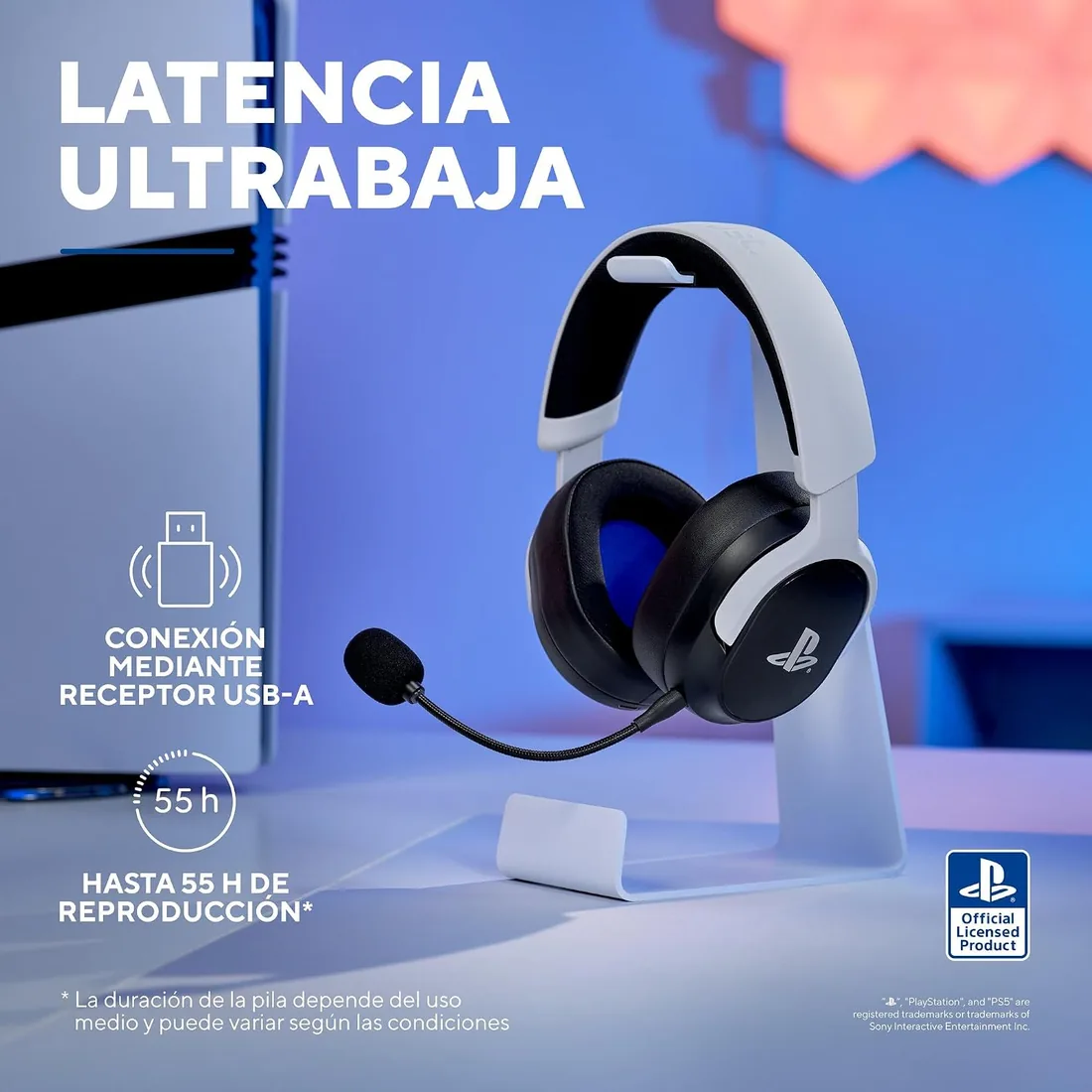 GXTrust Forta Cascos Inalámbricos Licencia PlayStation 5, Negro/Blanco | Latencia Ultrabaja, 2.4G Receptor USB, Hasta 55h de Juego, Auriculares Gaming PS5 Supraaurales con Micrófono foto 3