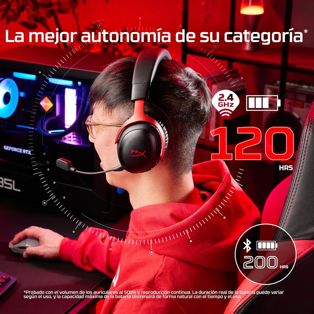 HyperX Cloud III S - Auriculares Gaming inalámbricos, Bluetooth, 2.4Ghz, PC, PS5, Xbox, Drivers 53 mm, DTS, micrófono 10mm, batería hasta 200h, Rojo-Negro foto 2