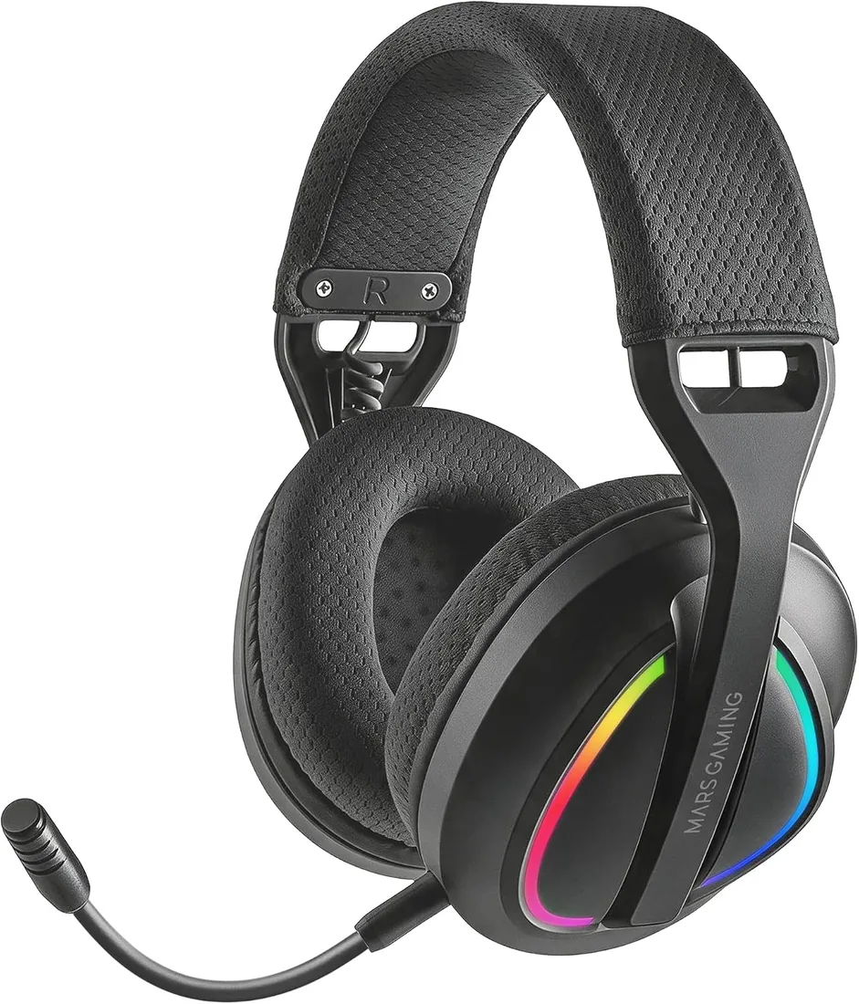 Mars Gaming MHW-Quasar Auriculares Gaming Inalámbricos ARGB Flow | Tri-Mode 2.4G PRO + Bluetooth 6.0 + Cable, Batería 40h, Drivers 50mm, Micrófono Extraíble, Almohadillas y Diadema AIR, Negro