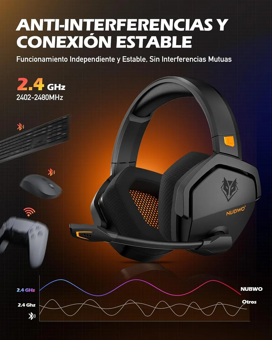 NUBWO G06 Cascos Gaming Inalámbricos con Drivers de 50 mm para PC/Ps5/Ps4/NS/Mobile,Auriculares Gaming Inalámbricos con 2.4 GHz+Bluetooth 5.3 Modo Dual,7.1 Sonido Envolvente,Duración 100Hr+ - Naranja foto 2