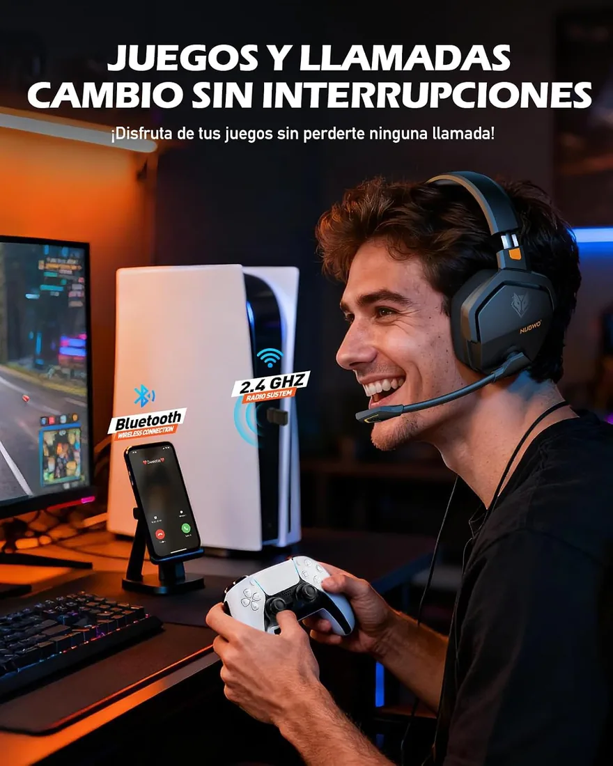NUBWO G06 Cascos Gaming Inalámbricos con Drivers de 50 mm para PC/Ps5/Ps4/NS/Mobile,Auriculares Gaming Inalámbricos con 2.4 GHz+Bluetooth 5.3 Modo Dual,7.1 Sonido Envolvente,Duración 100Hr+ - Naranja foto 3