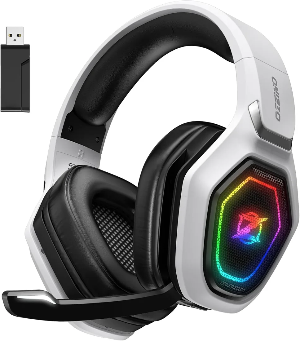 Ozeino Cascos Gaming Inalámbricos para PC/Ps5/Ps4, Auriculares Gaming Inalámbricos de 2,4GHz Wireless+Bluetooth, Baja Latencia Calidad de Sonido sin Pérdidas, Duración 30Hr+ Blanco