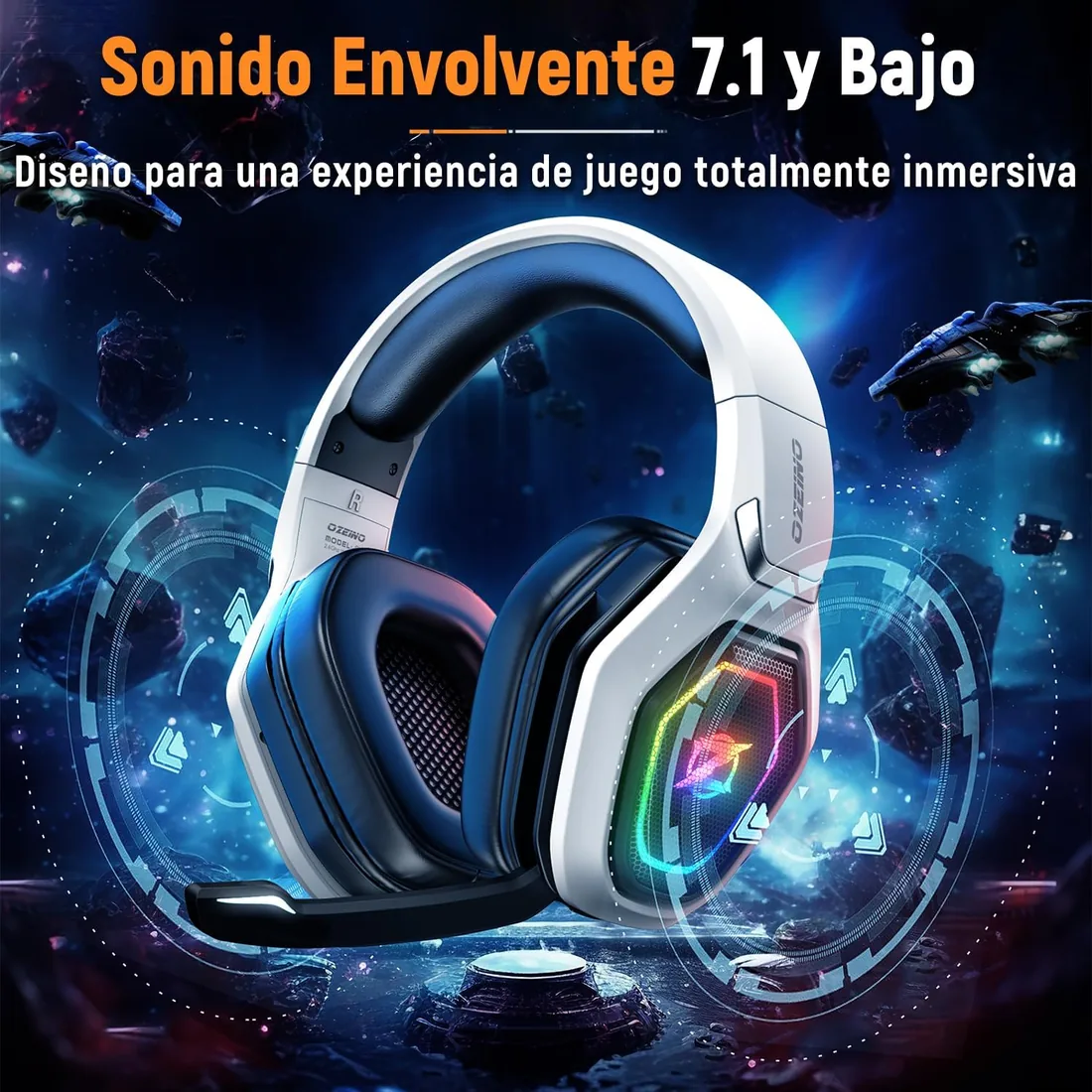 Ozeino Cascos Gaming Inalámbricos para PC/Ps5/Ps4, Auriculares Gaming Inalámbricos de 2,4GHz Wireless+Bluetooth, Baja Latencia Calidad de Sonido sin Pérdidas, Duración 30Hr+ Blanco foto 3