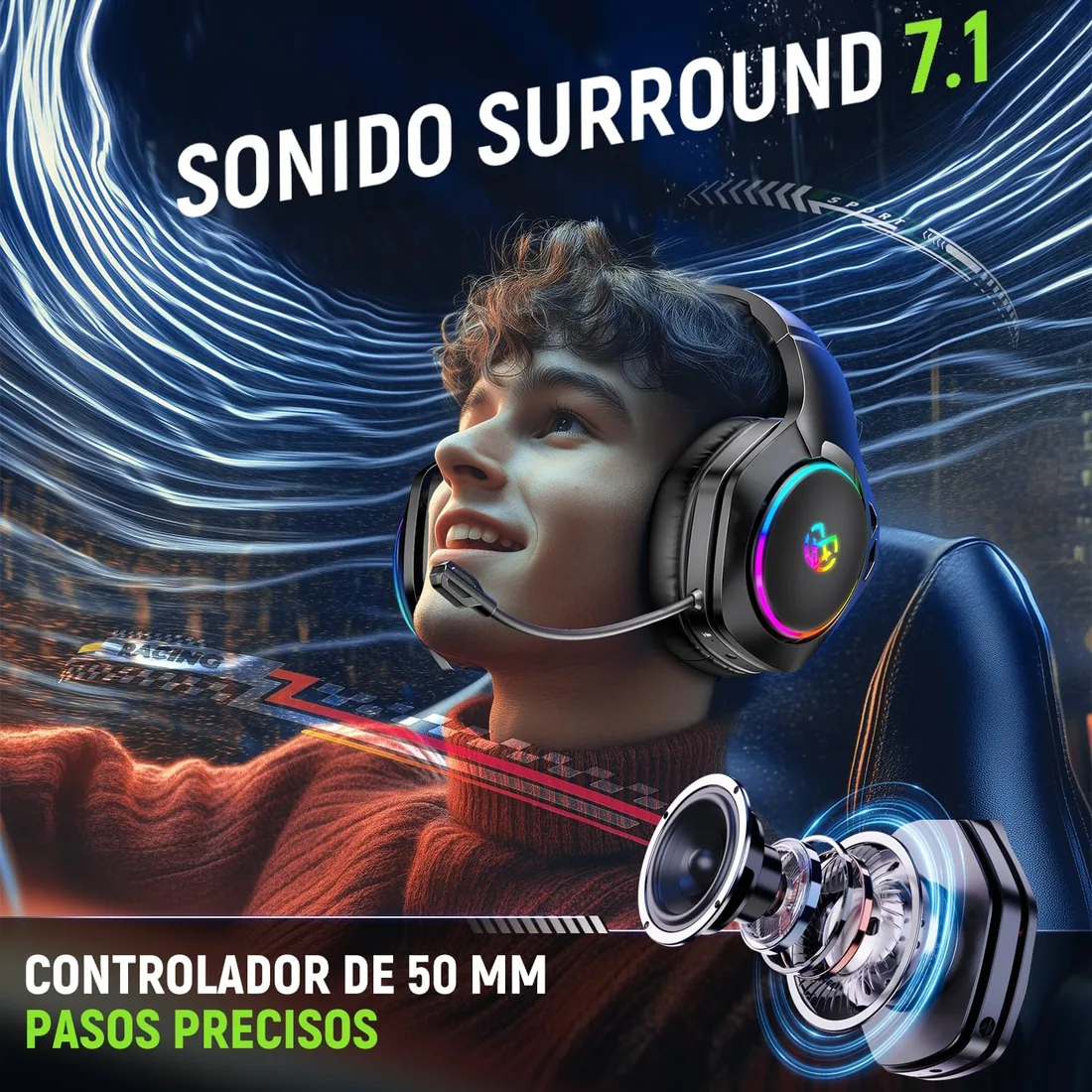 Tatybo Cascos Gaming Inalámbricos para PC/Ps5/Ps4, Auriculares Gaming Inalámbricos con 2,4 GHz+Bluetooth 5,3 Modo Dual, 7.1 Sonido Envolvente, Duración 40Hr+ foto 2