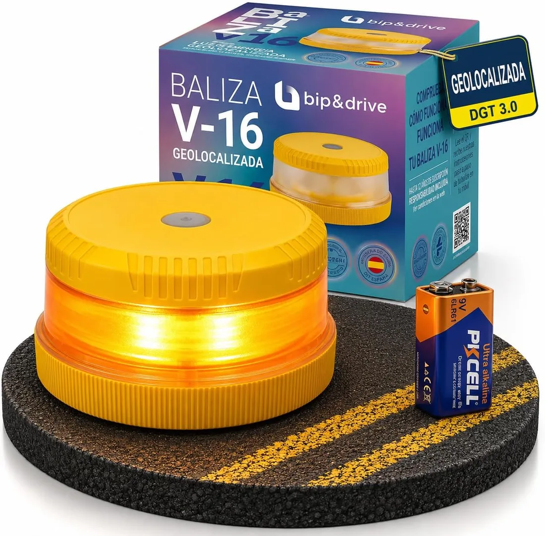 Baliza V16 Homologada DGT con Geolocalización | Luz de Emergencia Coche LED 360° 1km | Conectada Plataforma DGT 3.0 | Resistente a la Lluvia | con Indicador de Batería y Base Imantada | Bip&Drive