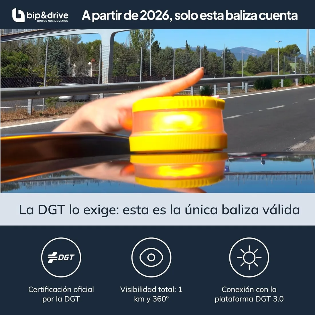 Baliza V16 Homologada DGT con Geolocalización | Luz de Emergencia Coche LED 360° 1km | Conectada Plataforma DGT 3.0 | Resistente a la Lluvia | con Indicador de Batería y Base Imantada | Bip&Drive foto 2