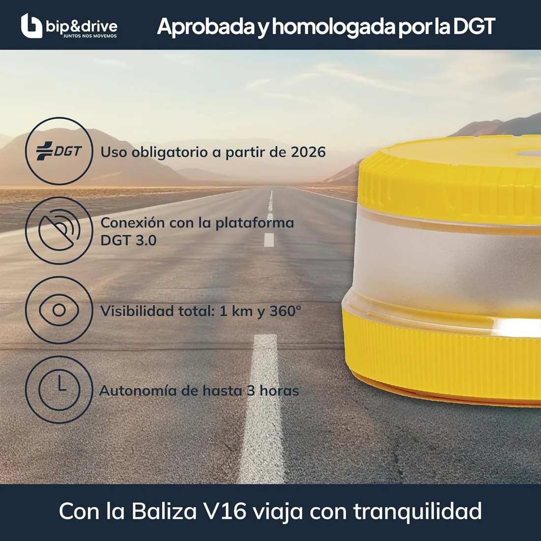 Baliza V16 Homologada DGT con Geolocalización | Luz de Emergencia Coche LED 360° 1km | Conectada Plataforma DGT 3.0 | Resistente a la Lluvia | con Indicador de Batería y Base Imantada | Bip&Drive foto 3