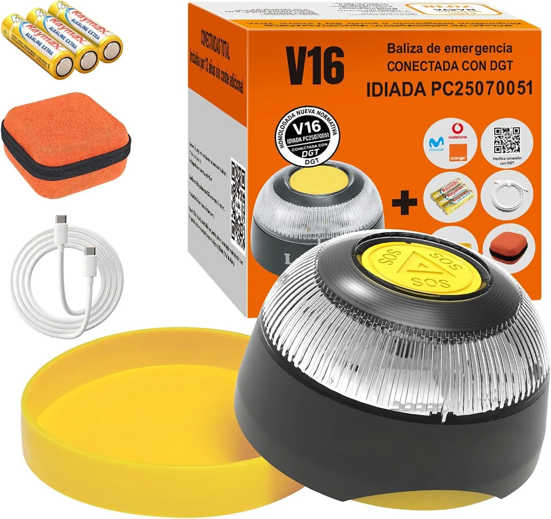Baliza V16 Homologada DGT con Geolocalizador, Conectado IoT Datos Gratis hasta 2038, Doble Fijación (Imán + Ventosa), Obligatoria 2026, Geolocalización 3.0